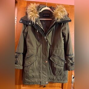 Guess Women's Olive Utility Jacket with Faux Fur Hood